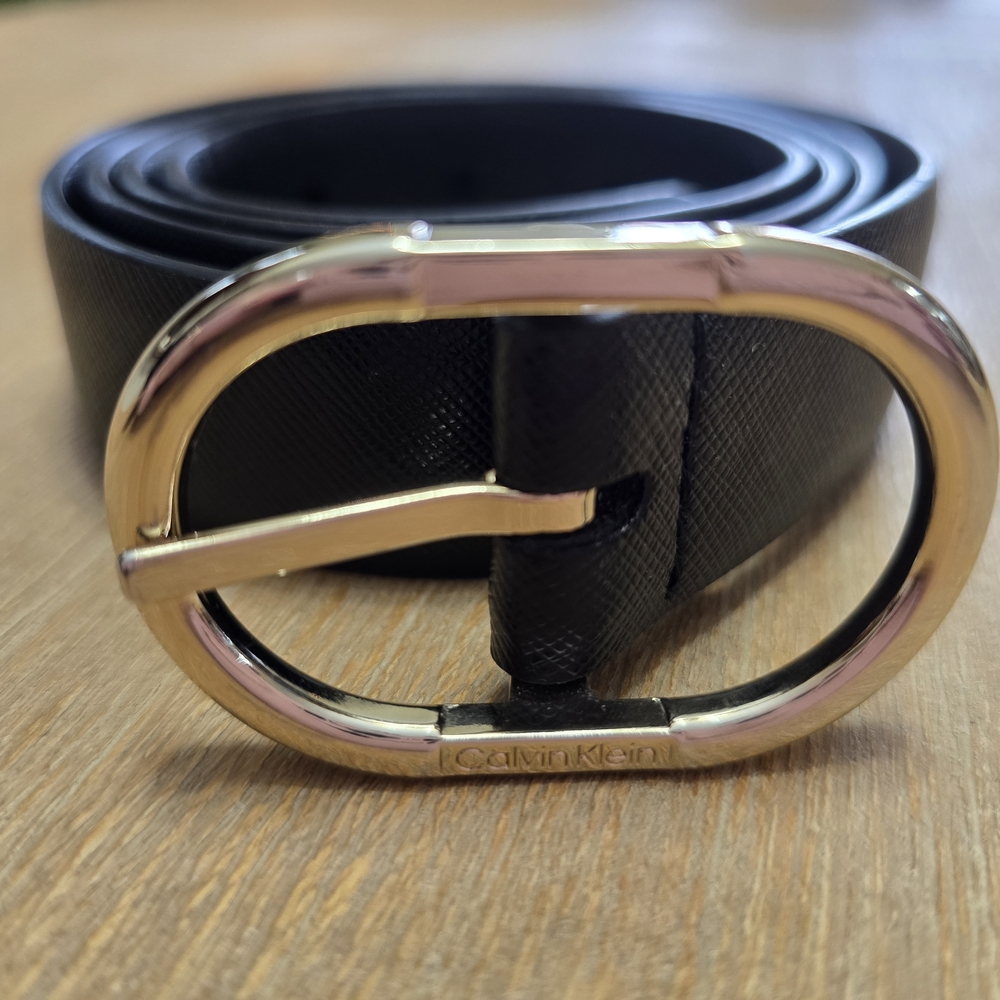 Calvin Klein Black Leather Belt with Gold Buckle